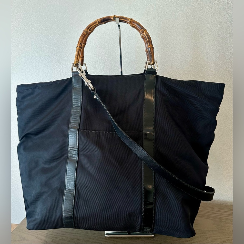 Vintage Gucci Black Bamboo Nylon Tote Bag